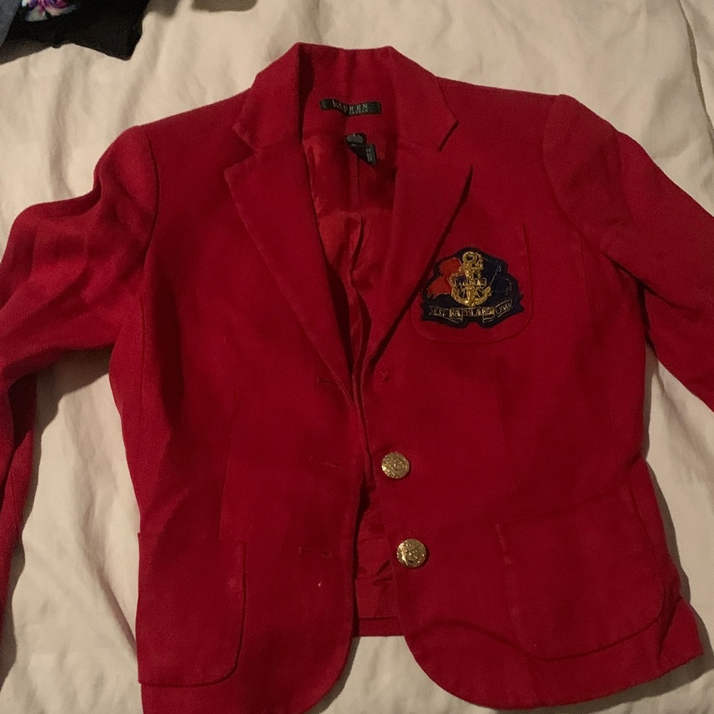 Ralph Lauren Red Crest-Embroidered Blazer with Gold Buttons missing button